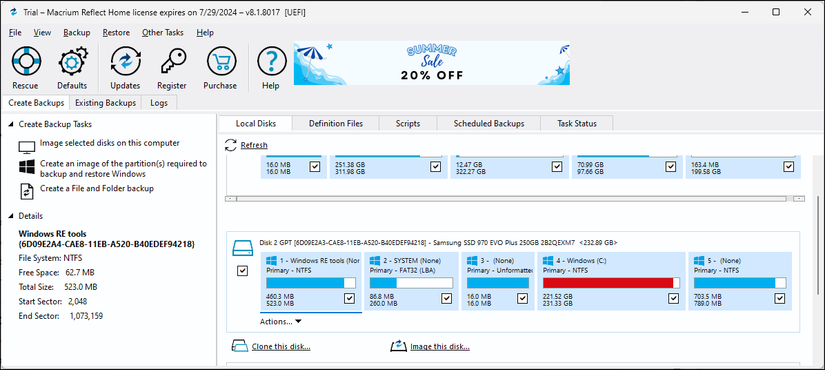 Окно Macrium Reflect с вкладкой Local Disks
