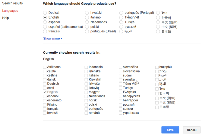 параметры выбора языка в Google