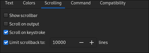 Скриншот вкладки Scrolling в настройках GNOME Terminal