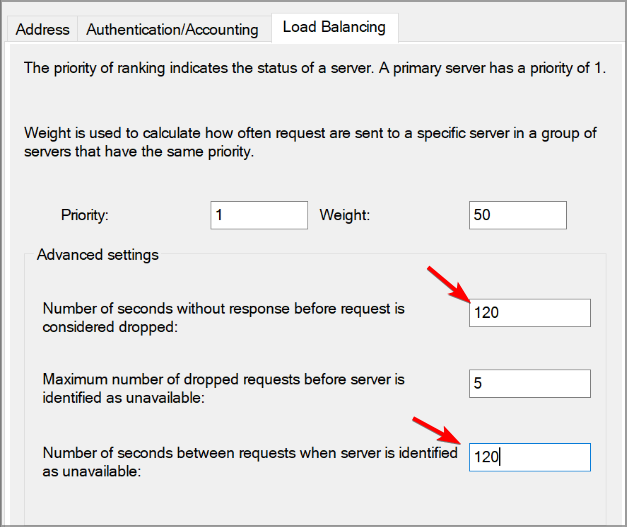 Параметры балансировки нагрузки в NPS