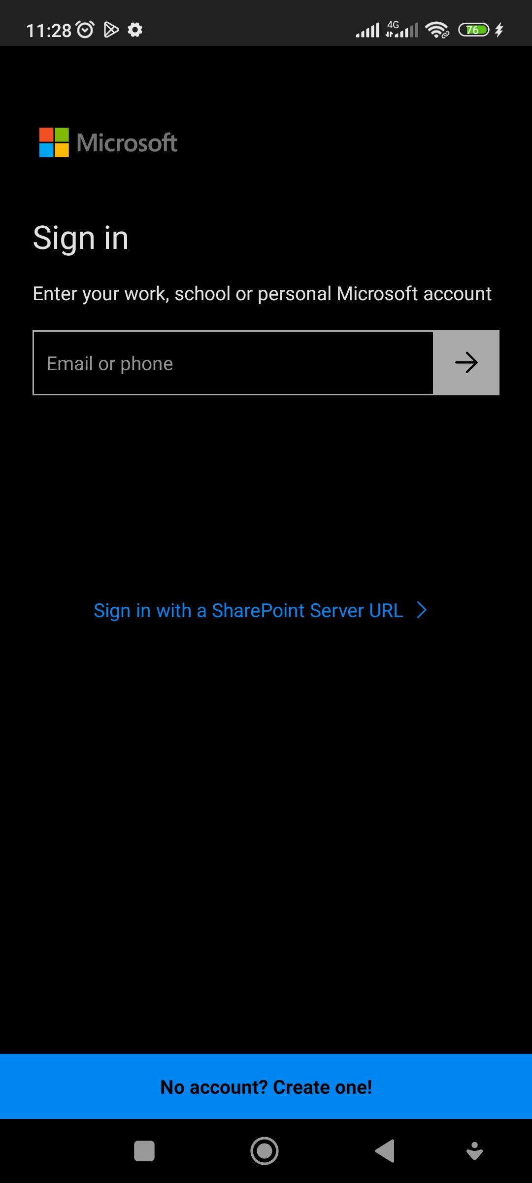 процесс входа в Microsoft OneDrive на мобильном устройстве