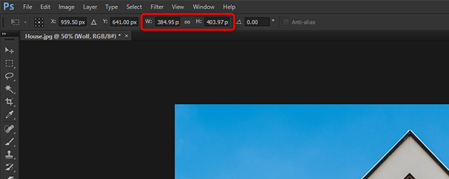 Введите ширину в поле W и высоту в поле H в Photoshop.