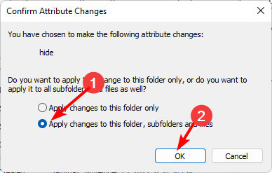 Диалог подтверждения применения изменений ко всем подпапкам и файлам