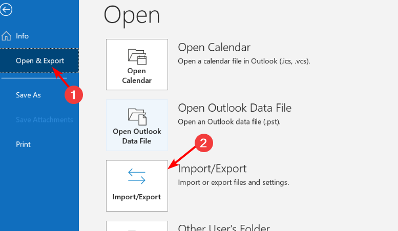 Окно меню Outlook с пунктом Файл и опцией Импорт/Экспорт
