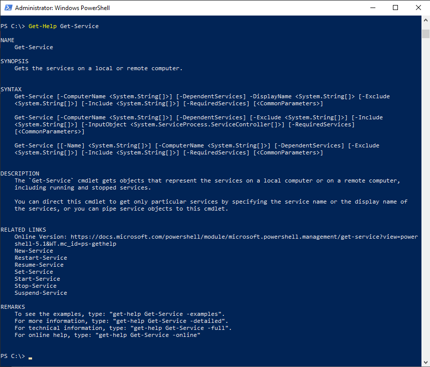 PowerShell output для Get-Help Get-Service