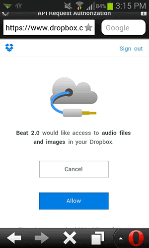 Экран авторизации с запросом доступа к файлам