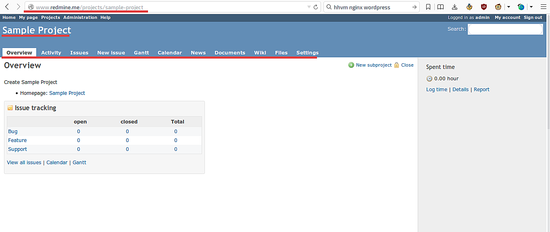 Страница тестового проекта Redmine.