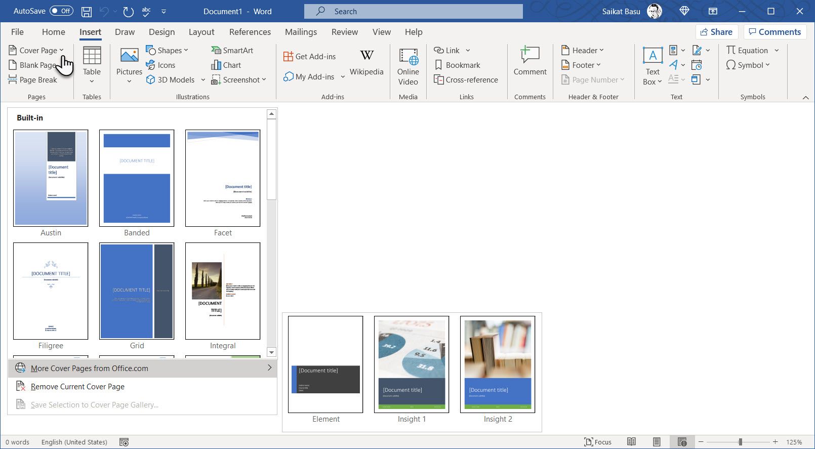 Варианты вставки титульной страницы через контекстное меню