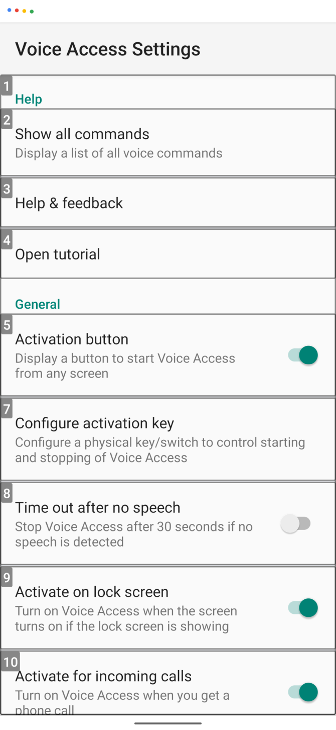 Экран настроек Voice Access
