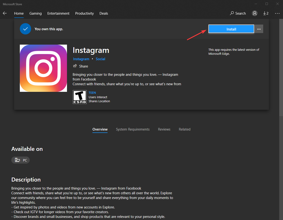 Кнопка установки Instagram в Microsoft Store