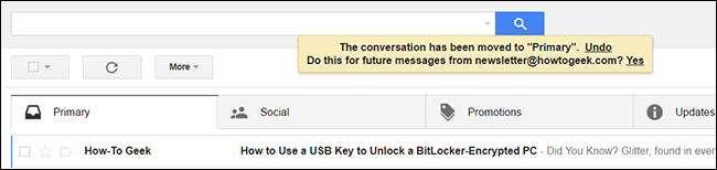 Уведомление Gmail с предложением применять действие в будущем