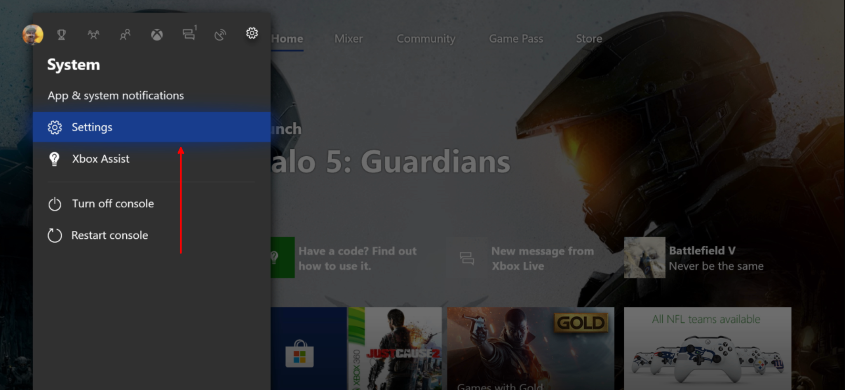 Экран настроек Xbox One