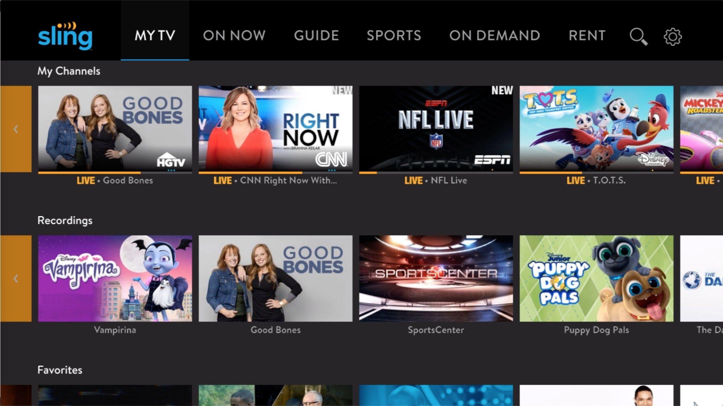 Интерфейс Sling TV на экране телевизора