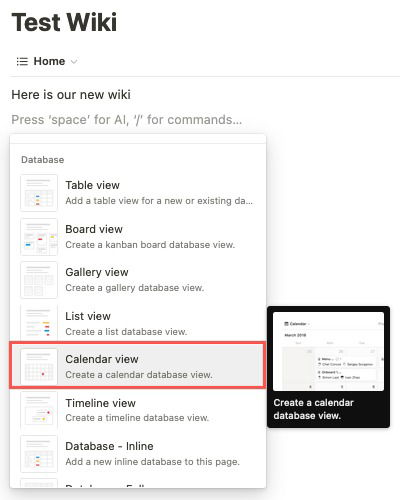 Представление Calendar в меню Notion