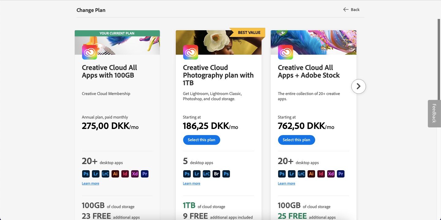 Скриншот: выбор плана Adobe Creative Cloud