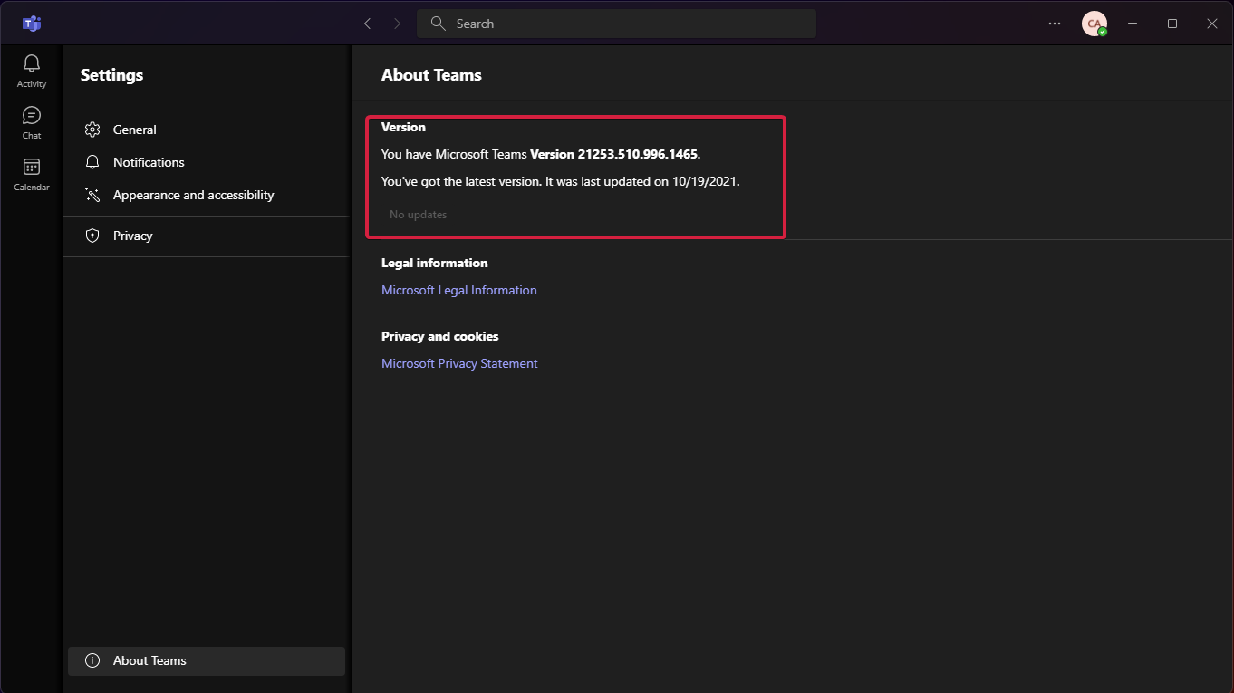 Сравнение версии Teams с последней доступной