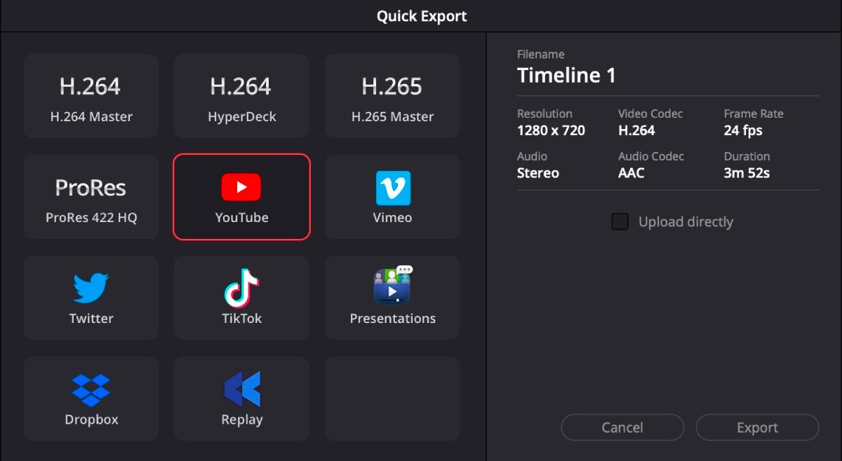 Пресеты Quick Export: выбор формата и целевой платформы