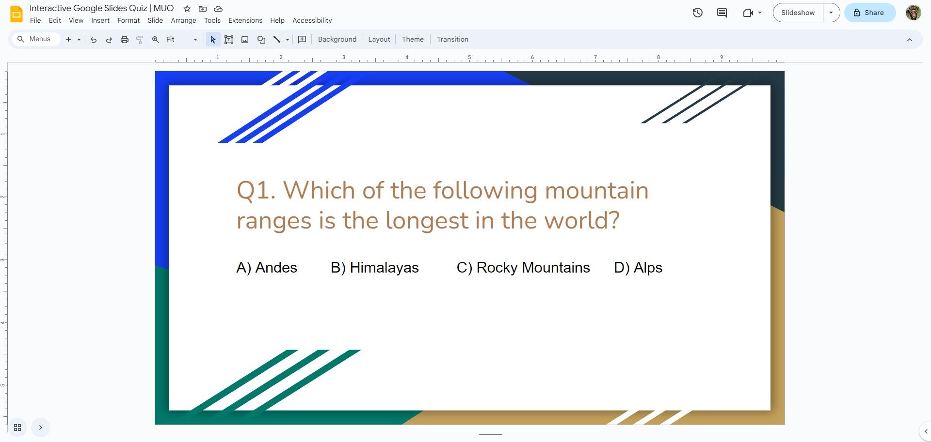 Создание вопроса для викторины в Google Slides