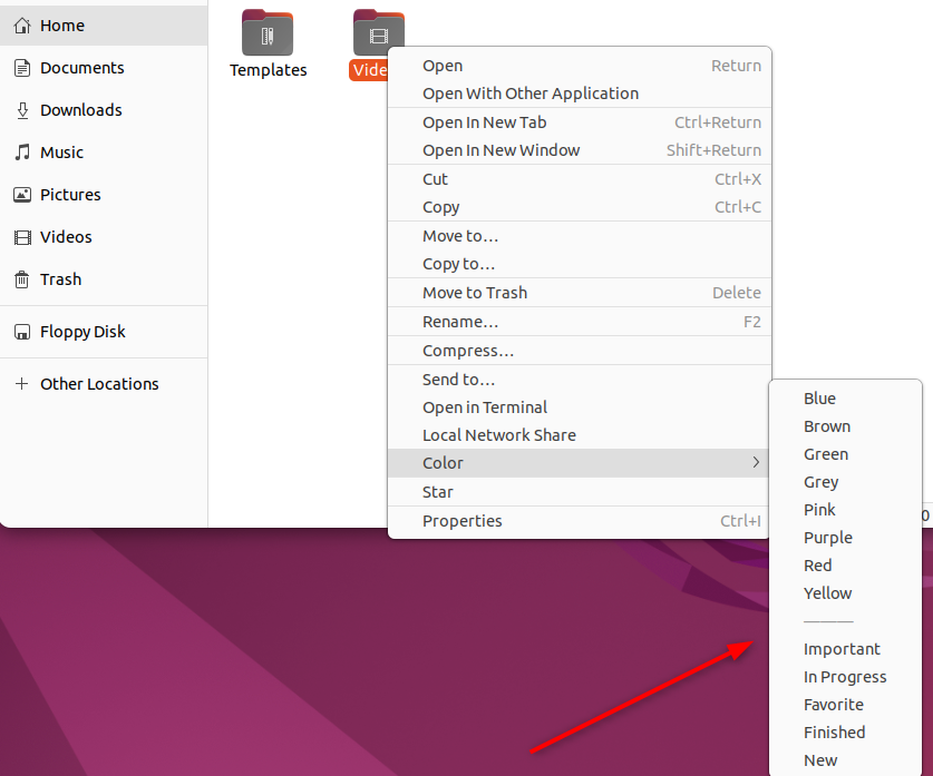 Контекстное меню Nautilus с подпунктом Цвет и доступными вариантами.