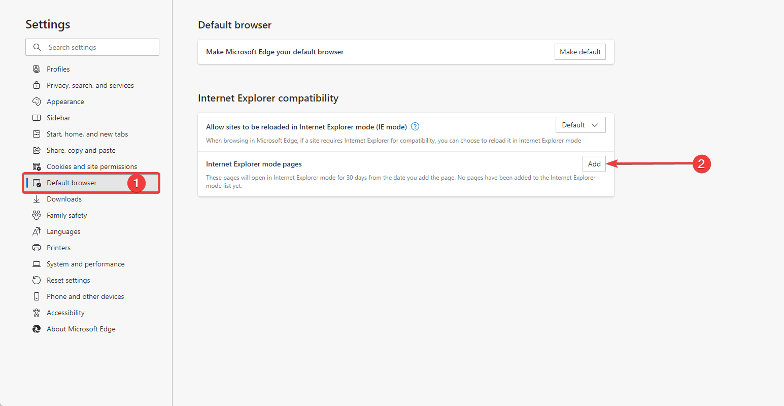 Добавление URL в режим Internet Explorer