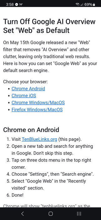 Посещение tenbluelinks.org для настройки поиска на мобильном.