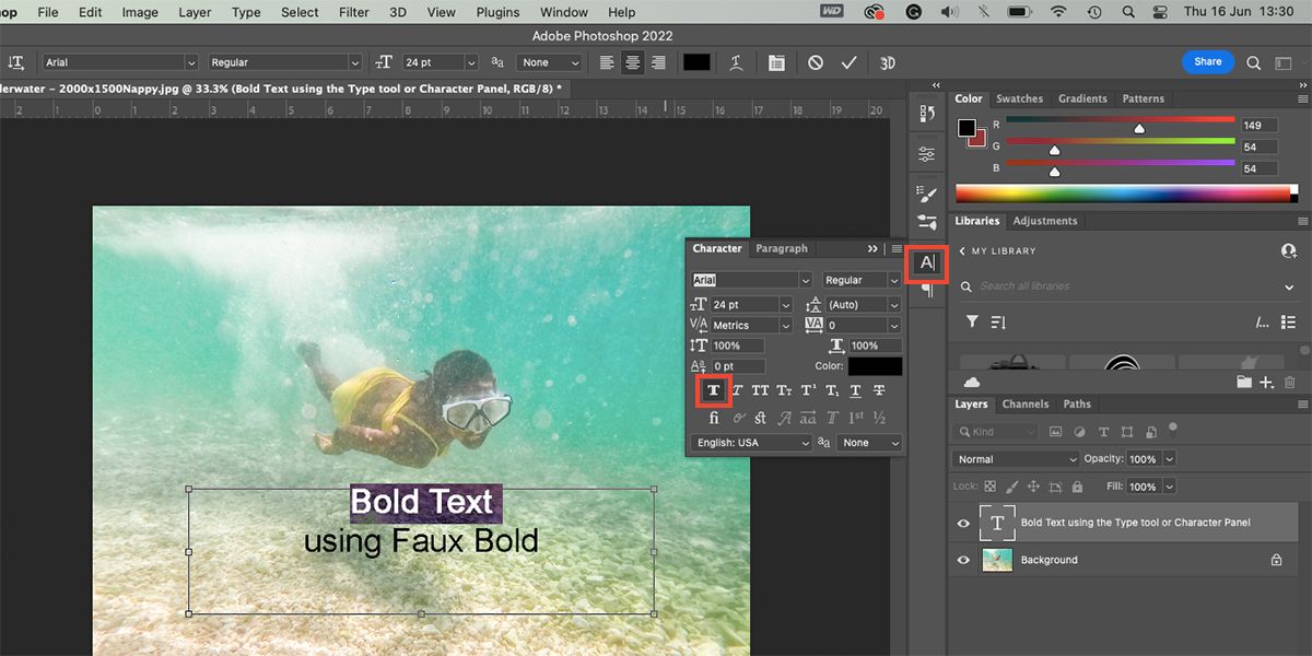 Окно Character с включённым Faux Bold.