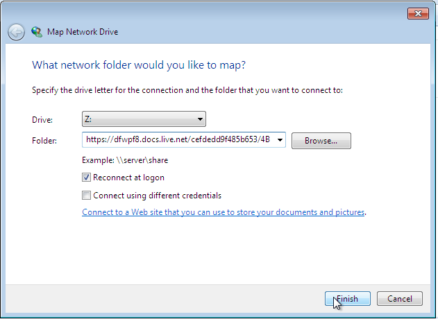 Форма для вставки адреса SkyDrive и выбора буквы сетевого диска
