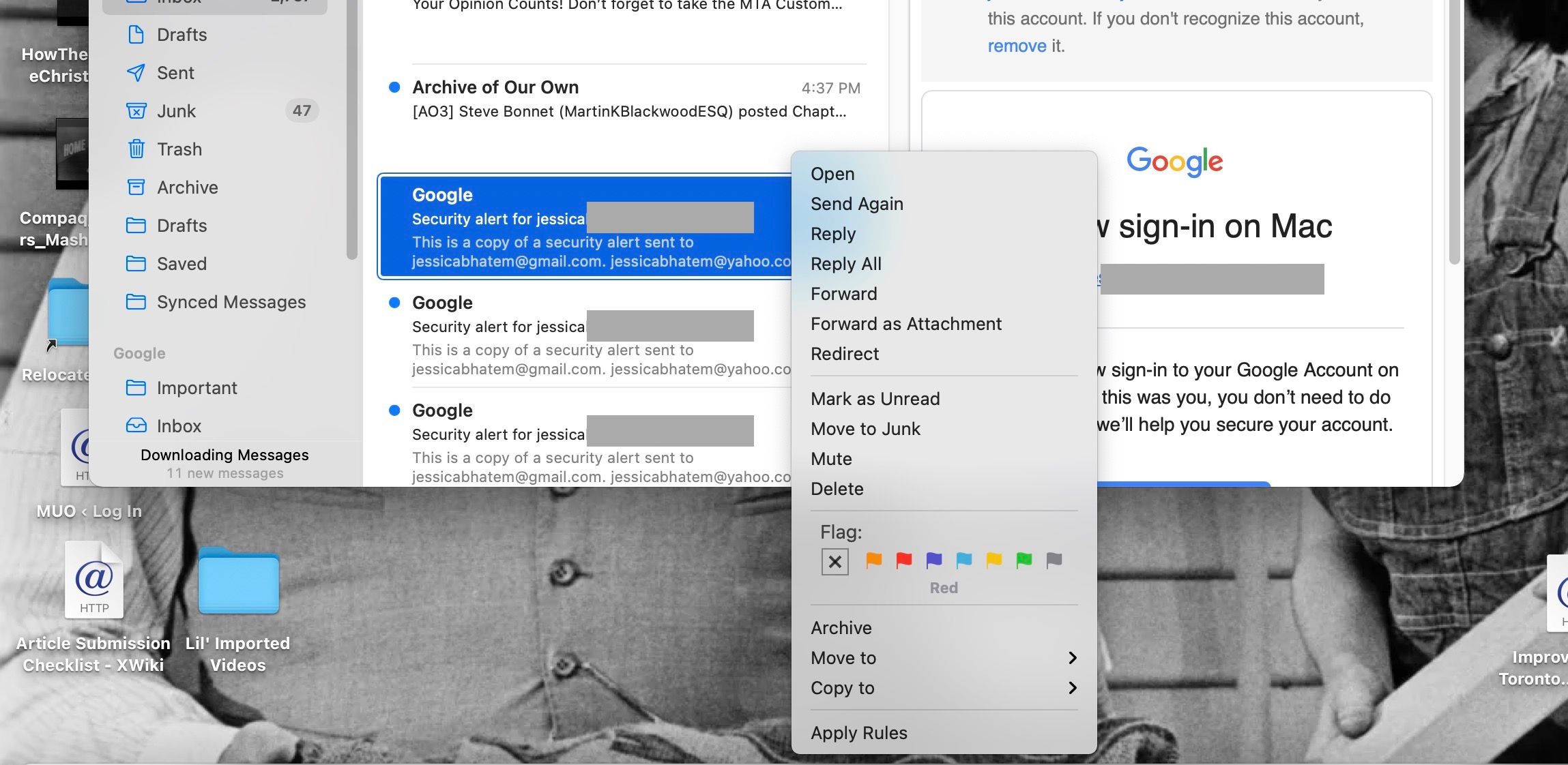 Флажок красного цвета отмечает важное письмо в Почте на Mac
