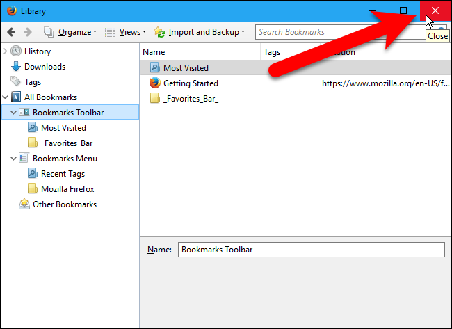 Закрытие окна библиотеки Firefox