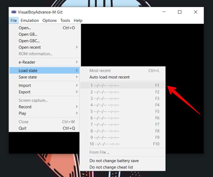 Меню загрузки сохранённых состояний