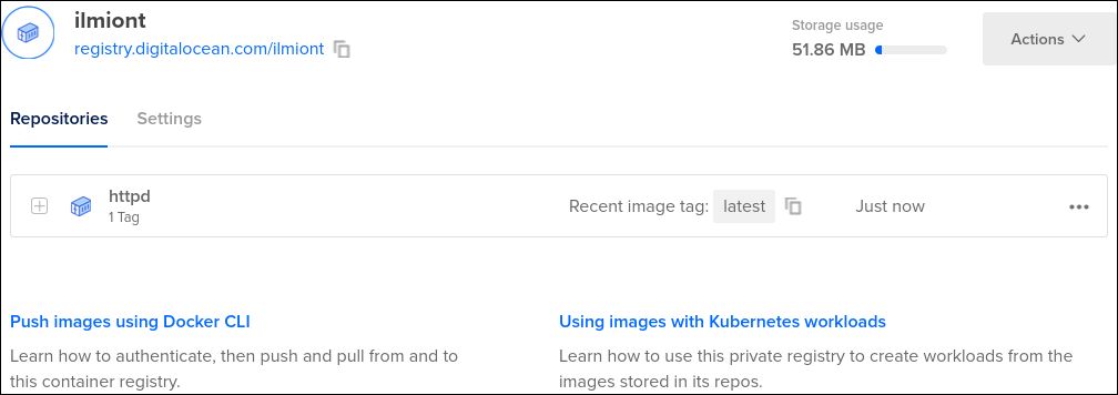 Интерфейс Container Registry в DigitalOcean
