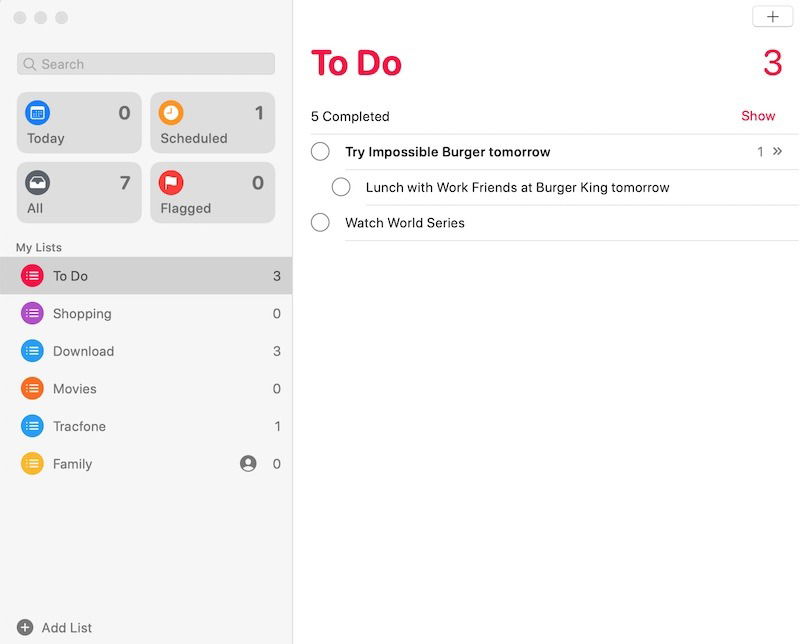 Подзадача внутри списка Reminders на Mac