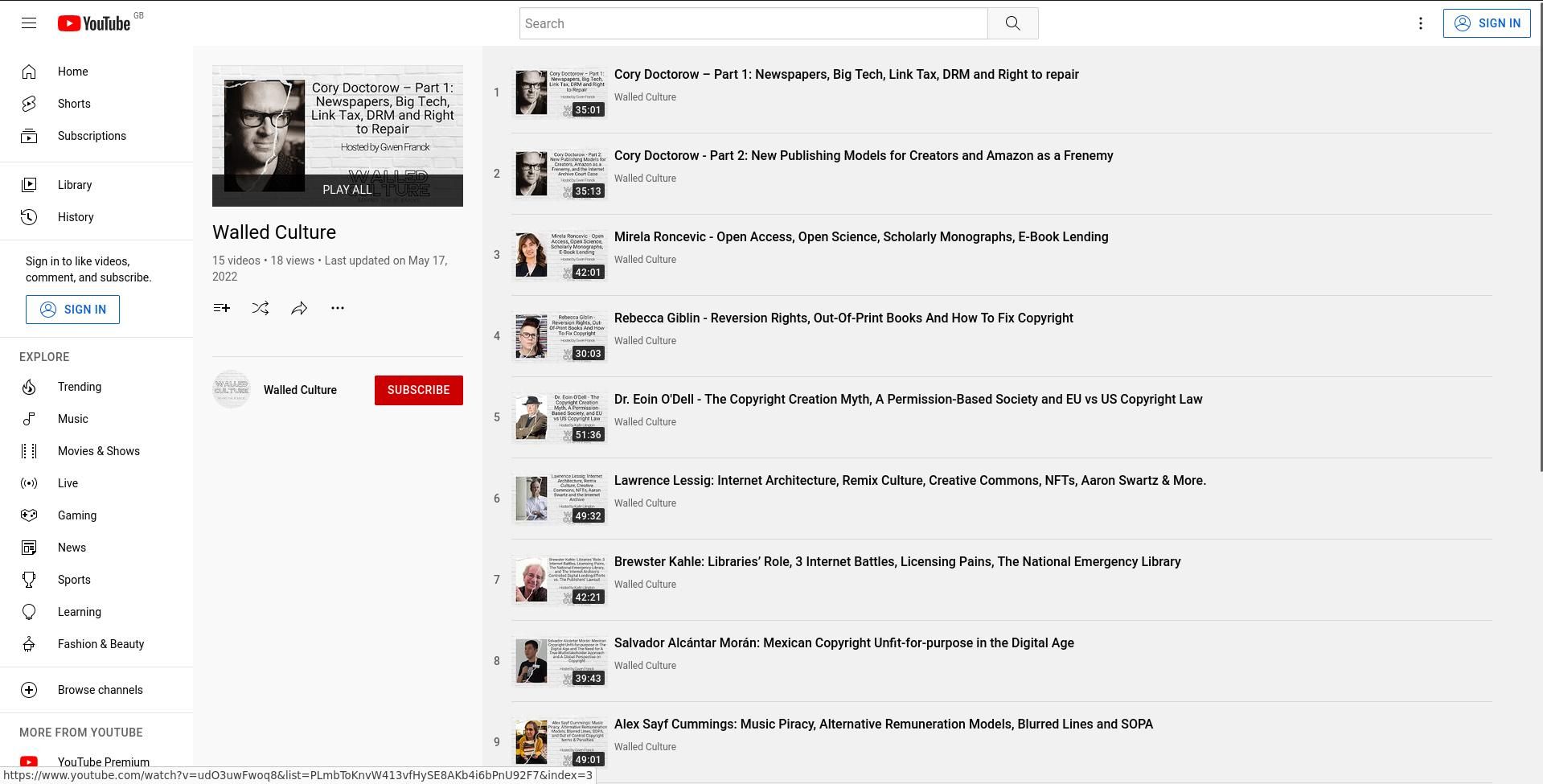 Плейлист YouTube для видео Walled Culture
