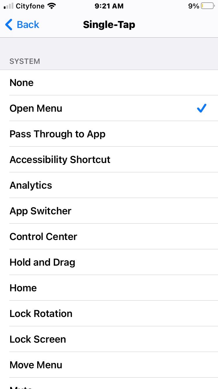 Опции Single Tap для AssistiveTouch