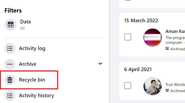 Recycle Bin Option on Facebook.