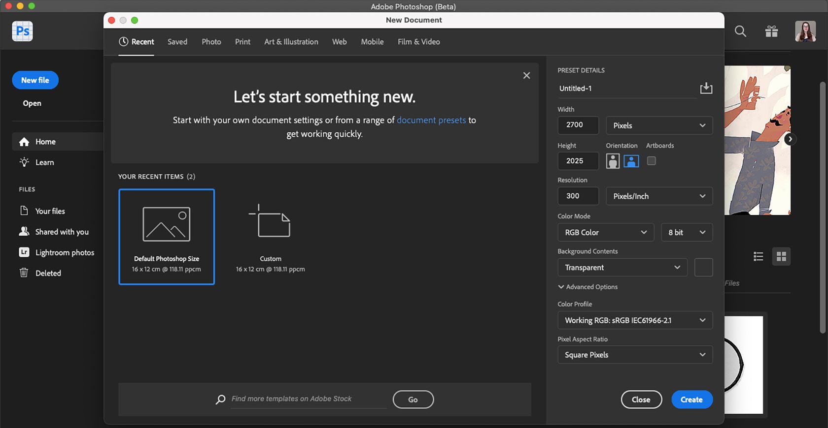 Стартовая страница Adobe Photoshop Beta.