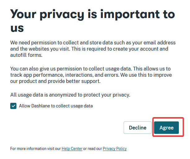 Окно согласия с политикой конфиденциальности Dashlane