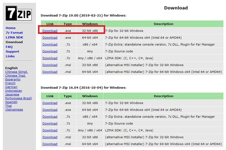 Загрузка 7‑Zip: страница скачивания