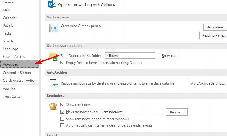 Раздел Дополнительно в настройках Outlook