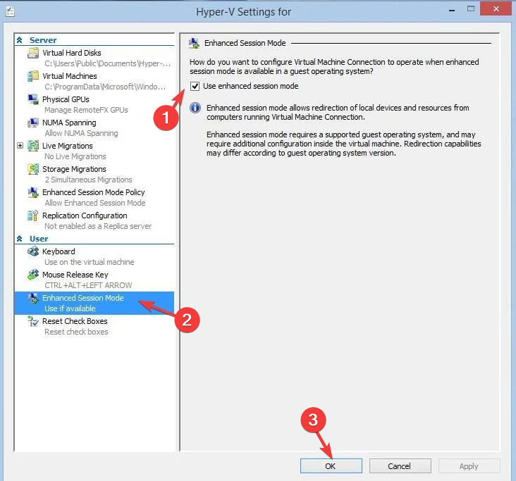 Опция Use enhanced session mode в настройках Hyper‑V отмечена галочкой