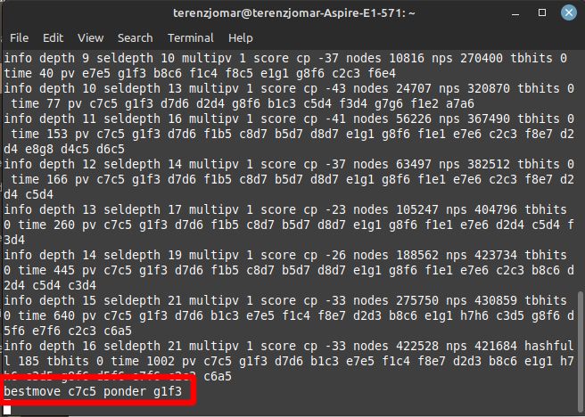 Терминал: итоговый вывод bestmove c7c5 ponder g1f3