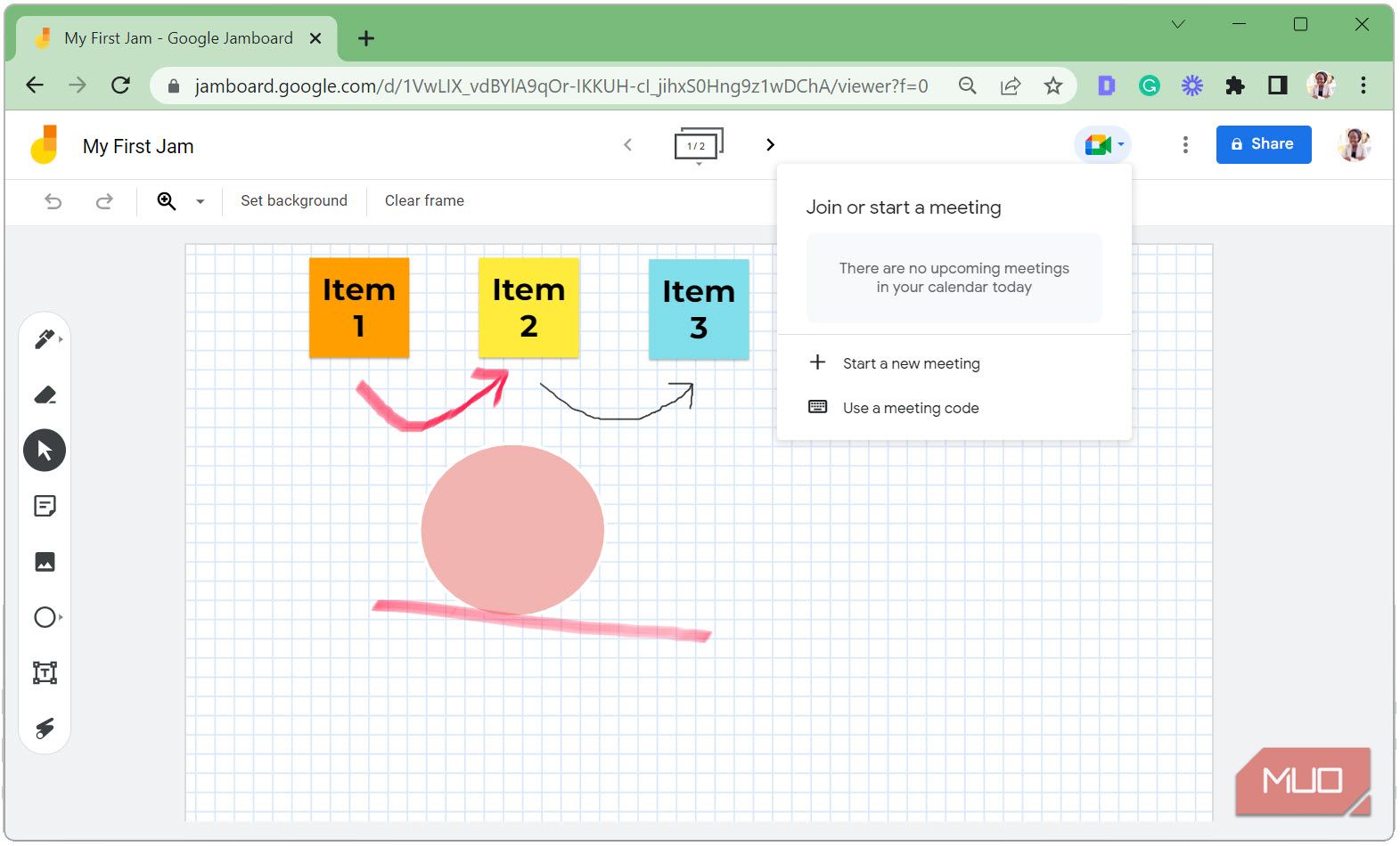 Запуск или присоединение к Google Meet из Jamboard