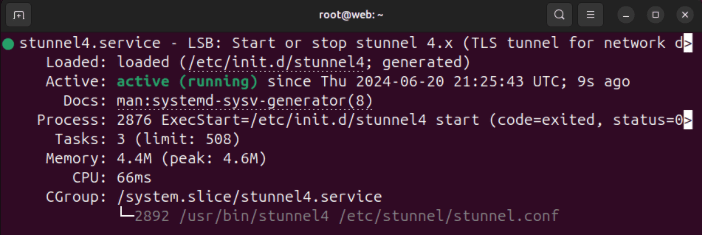Терминал со статусом службы stunnel в системе.