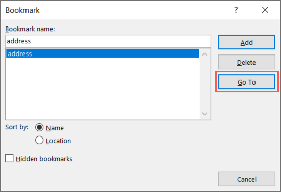 Кнопка Перейти в окне Закладка