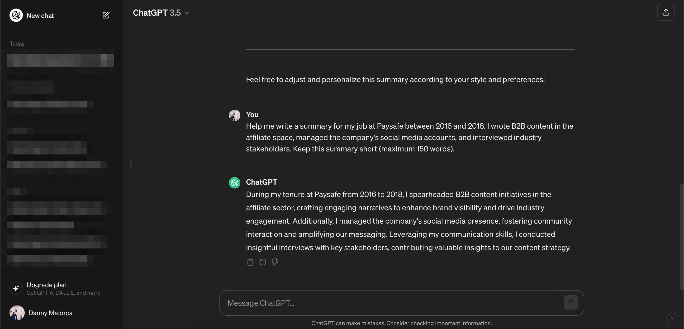 Сгенерированное описание должности в ChatGPT