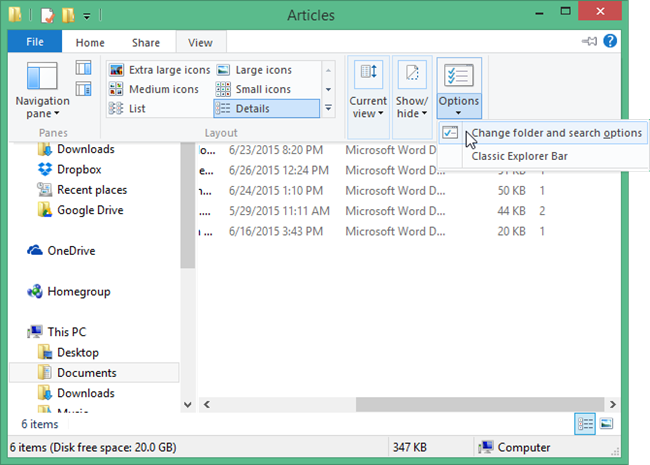 Меню «Параметры папок» в разделе Вид