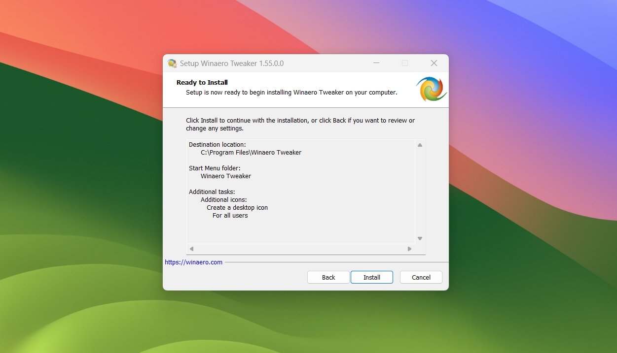 Процесс установки Winaero Tweaker