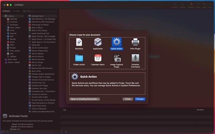 Automator выбор Быстрое действие