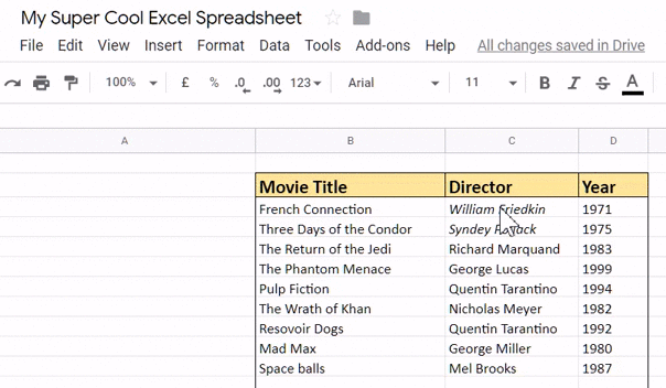 Инструмент «Кисть» в Таблицах — анимация применения формата.