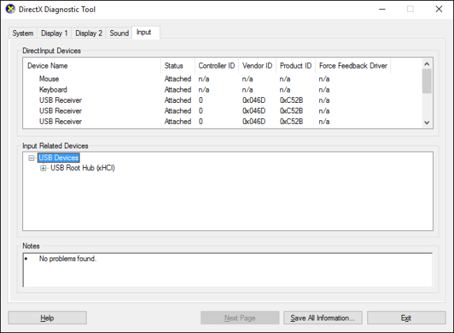 Дополнительные устройства ввода и контроллеры в dxdiag